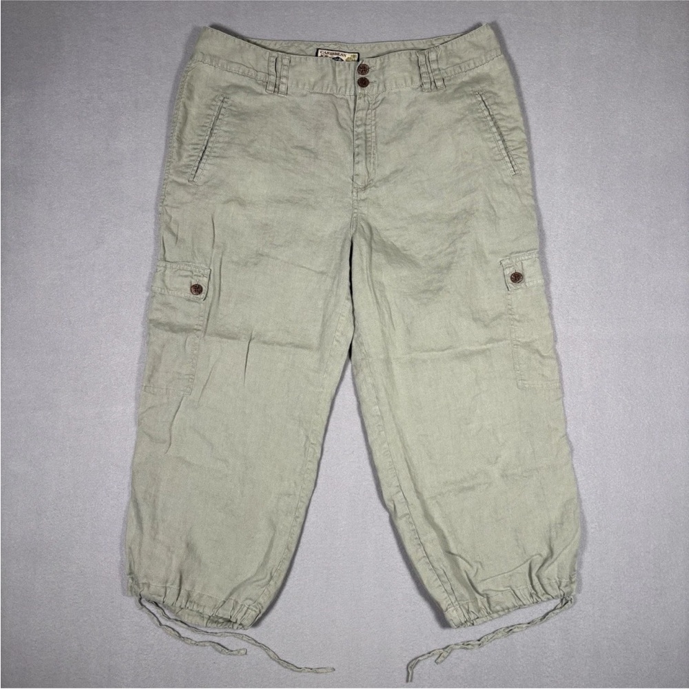 Caribbean Joe Let Go Cargo Pants Womens 14 Green Linen Drawstring Ankle Tie